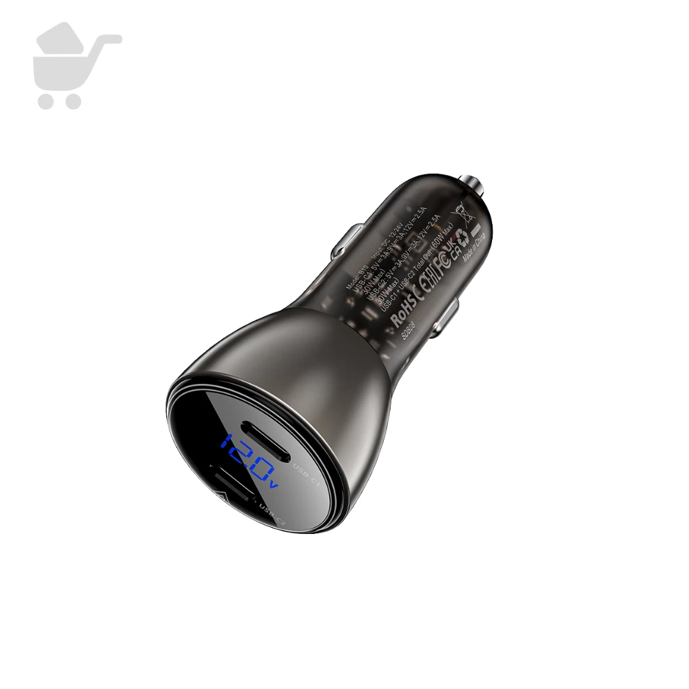 Car Charger Metal  With Digital Display 60W (USB-C + USB-C) - B10